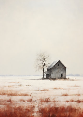 lone tree standing middle field derelict house snowy plains dressed old white coat american midwest deep color cabin achingly, generative aiの素材