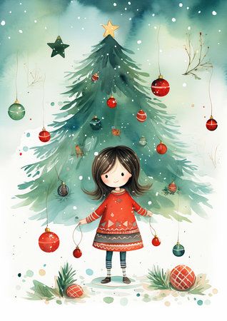 girl standing front tree cute sheng princess being delighted cheerful tall tiny people trustworthy eyes snowflakes, generative aiの素材