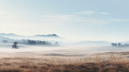 foggy field trees mountains distance panoramic scottish highlands dry grass morning nature journal environment, generative aiの素材