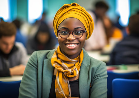 smiling woman yellow turban glasses sitting classroom young rave profile giving interview bustling people student connecting life slight nerdy smile sweden uniquely, generative aiの素材