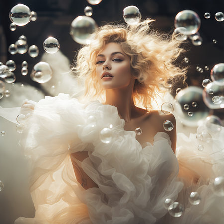 woman white dress surrounded bubbles portraits female floating face drowned bubbling skin silken blonde hair bubbly electron flow, generative aiの素材