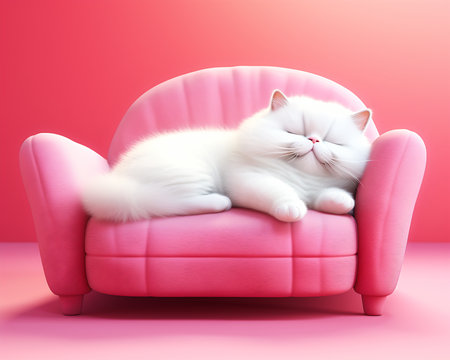 white kitty cat kitten sleeping pink chair tv commercial relaxing couch evil vibrant color cute incredible sugary sweet animations, generative aiの素材
