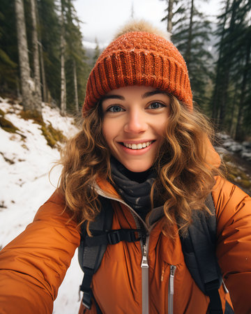 woman taking snow backpack curly blond hair trekking forest closeup perfect face smile bushy brown video tents full round, generative aiの素材