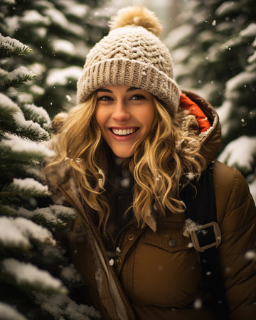 woman winter coat hat smiling snowy forest model blonde attractive features holiday vibe teenage girl face leading young women curly blond, generative aiの素材