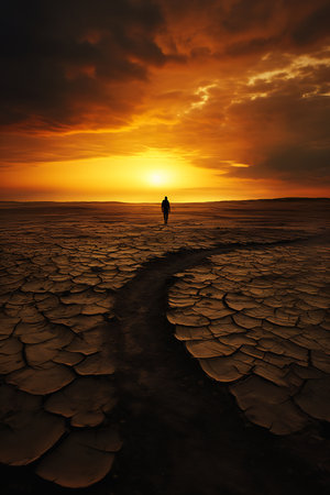 person walking barren beach sunset profile future pathway streaming damnation subsurface cracks longing toward planet left align content off road arcane dirt depressive, generative aiの素材