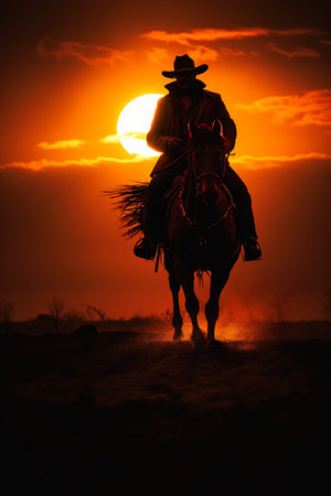 man riding horse sunset hat photographer high speed sports back portrait rugged ranger coronal gunslinger news warrior argo hunter, generative aiの素材