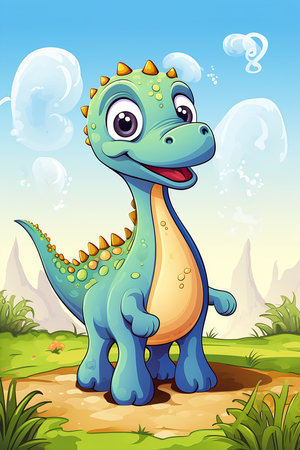 cartoon dinosaur field bubbles profile blue background color removed watermarks elongated head shape cute wee whelp lance reconstruction, generative aiの素材