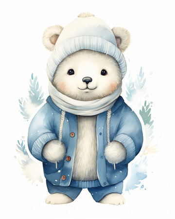 teddy bear winter coat pure color digital tight simple clothes white grey blue advanced medium colored pencil illustration adopt cute album, generative aiの素材