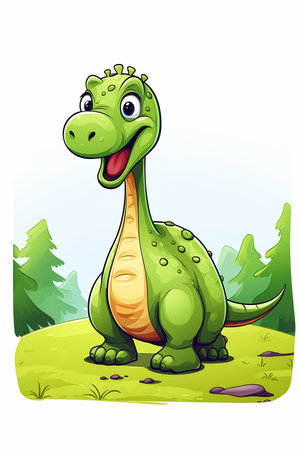 cartoon green dinosaur forest illustration simple shows large cute adorable toon friend long neck wee whelp colt petrol unshaded, generative aiの素材