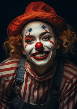 closeup clown red hat makeup laughter female investigator half smile streaming author blue second calf young girl yellow, generative aiの素材