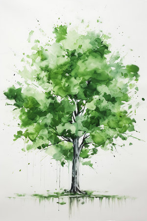 tree green leaves illustration ambient penned thin color white standing tall simplistic thick impasto technique wall shaded covert oaks, generative aiの素材