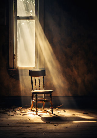 sunlight shining window onto wooden chair room derelict fear steams instinct fails surreal dreamy poetic loss inner self barren glowing cracks sacred perfect lighting singularities, generative aiの素材