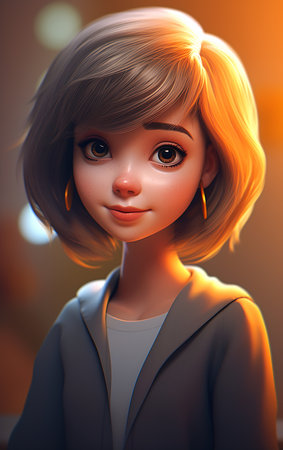 cartoon girl blonde hair gray jacket pixie haircut soft lighting cute design waitress portrait teenage aphrodite young, generative aiの素材