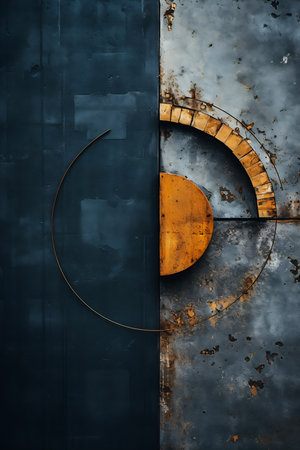 closeup metal door wooden circle balanced composition colors golden spirals uneven palette ash dichotomy pantheon ochre concrete wall stunning design harp, generative aiの素材