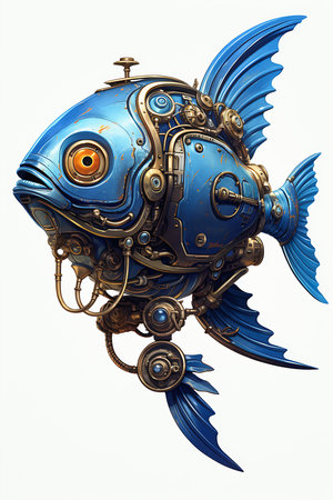 closeup fish mechanical body clock design early computer graphics aquarius anthropomorphic princess renderer view, generative aiの素材