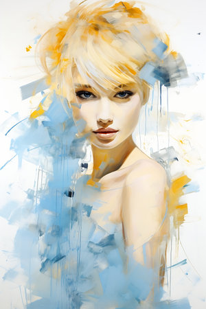 woman blonde hair blue eyes princess staples paint splash pastel shades angel white linen yellow comprehensive idealized girl love shape face body dove, generative aiの素材