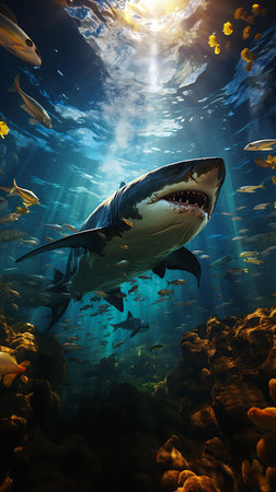 shark swimming ocean lot fish oil profile bite striking features discovery zone super sharp danger, generative aiの素材