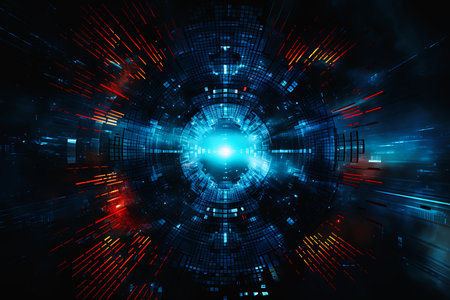 blue red abstract background light end technological singularity panoramic pale glowing cybernetic eye entertainment white fractals green matrix code laser beam outdoor myriad, generative aiの素材