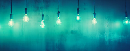 closeup light bulbs hanging ceiling teal electricity innovation power implants glowing chess pawn best practices blue walls, generative aiの素材