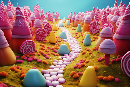 closeup candy land lots wonderland world adventure time one hit promotional unique environment forest plains yorkshire pathways covered pink marzipan, generative aiの素材