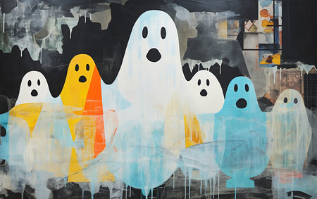 ghosts standing row design milk graffiti princess cover plain walls somber white eyes memphis medium halloween grimacing, generative aiの素材