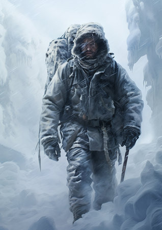 man snow suit walking snowy area tusk entertainment terrain texture box backpack castaway titan tech woman princess renderer barren tundra two characters, generative aiの素材
