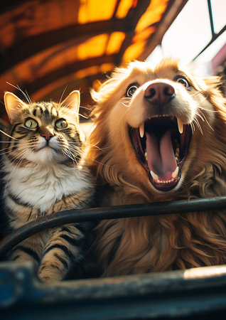 kitty cat kitten dog sitting bench together excited facial expression view news truck roller coaster joyous car mesmerized real life color ship surprise extreme terror highly, generative aiの素材