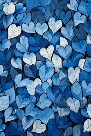 blue white leaves arranged pattern hearts young color depth cushions, generative aiの素材