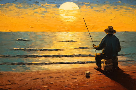 man sitting bench beach watching sunset magical fishing rod weapon impasto paint super walking cane tin streamer tall deserted sand, generative aiの素材