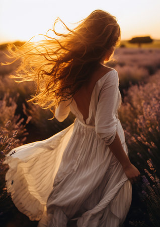 woman white dress walking field lavender magic hour hair floating wind flowing rhythms golden swirling gardens girl windstorm, generative aiの素材