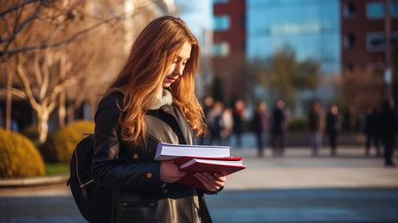 woman black jacket holding book hands high school background flat surface lawyer clothing college students girl brown hair walkable diagrams real life large urban surroundings learning medium details  woman, generative aiの素材