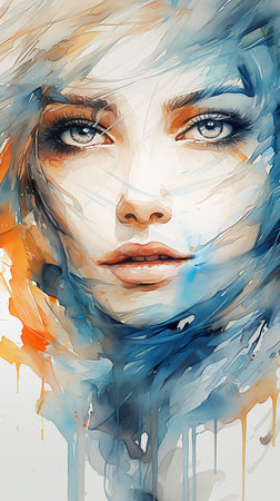 woman blue eyes white face mesmerized clear gaze portrait hopeless orange splashes liquid faded drawing, generative aiの素材