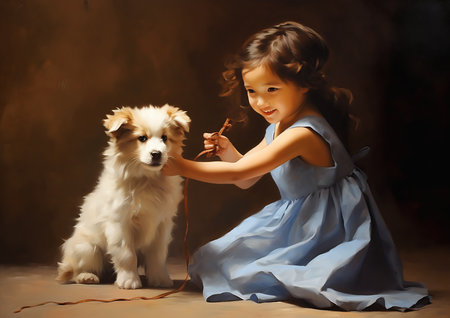 little girl blue dress petting white dog joy life cute boy purity, generative aiの素材