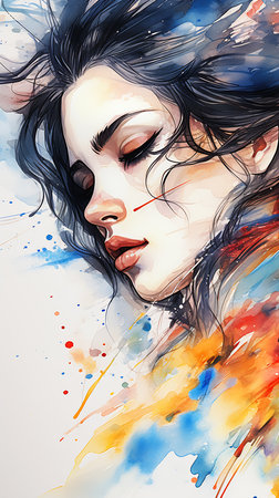 woman long hair dress dreaming face grey scale color bleeding half closed eyes masterful perfect coloring splashes portrait princess goddess sleep, generative aiの素材