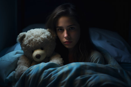 woman bed teddy bear arms lens flares brown eyes long girl scared baleful young business products supplies changeless blue, generative aiの素材