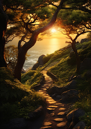 closeup path leading tree hill gorgeous romantic sunset stunning real ocean spray enchanted dreams summer sunlight golden dawn rocky seashore evokes delight, generative aiの素材