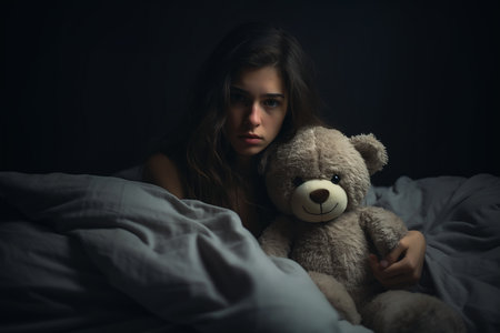 woman sitting bed teddy bear lap teen girl disease imagination lying scattered empty profile crime fearful emote weary, generative aiの素材