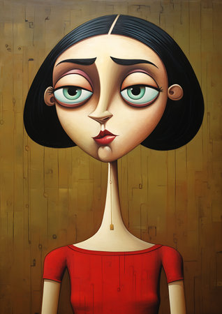 woman red dress black hair tired appearance symmetry face balance coherent work cartoon girl brown, generative aiの素材