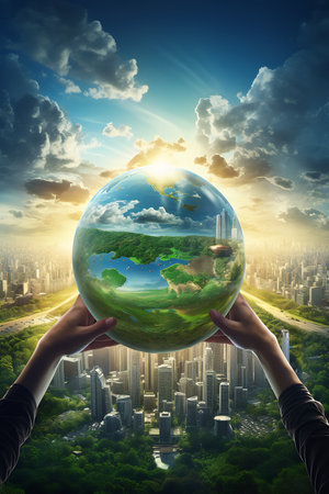 person holding glass globe city background digital green energy gently caressing earth speculative evolution covers lightly depicted animal world stock, generative aiの素材