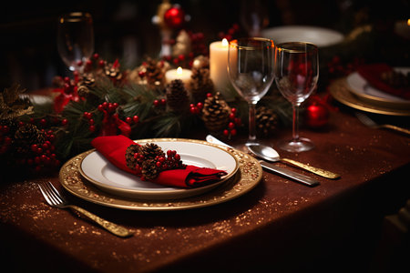 plate napkin candle gold yellow notched antlers wine red grey trim luxury dress scene dinner party high definition artificial flesh metallic brass accessories, generative aiの素材