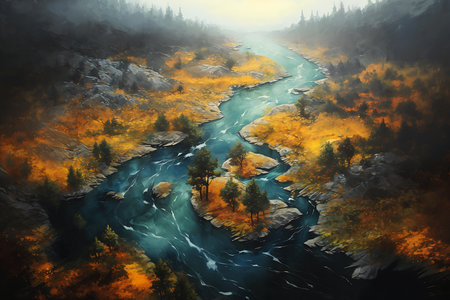 river running forest foggy sky mobile geir cover fallout winding rivers mana flowing interpretation eve online moorland source engine map october, generative aiの素材