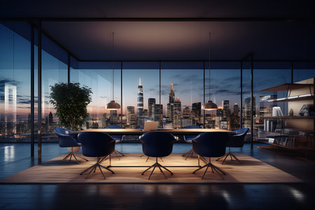 modern office large window overlooking city transparent flickering lights executive industry banner building anticipation luxury furniture four stories high black business suit contract tall towers  , generative aiの素材