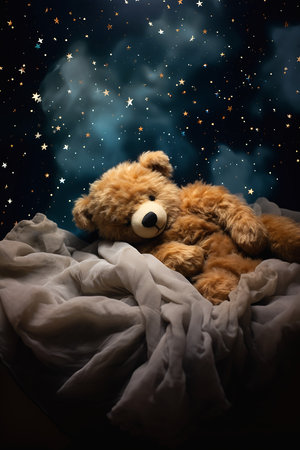 teddy bear laying bed background outer space dreaming stars portrait backdrop early night attribution abduction miniature closed eyes, generative aiの素材