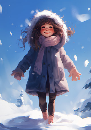 girl winter coat scarf walking snow sunny sky unsettling grin fluffy full cartoon frostbite song jumping towards viewer pine cover lux, generative aiの素材