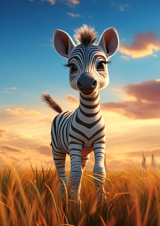 zebra standing field tall grass city background natural straight black eyebrows lady african queen rick berry production princess smiling adorably cute, generative aiの素材