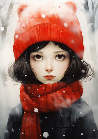 girl wearing red hat scarf pale first snow winter young weather naturalistic technique manga visual title princess emotional sad, generative aiの素材