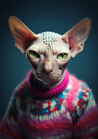 closeup kitty cat kitten wearing sweater looking professional digital hairless pink skin color human animal hybrid highly modern attire shirt business products supplies persian, generative aiの素材