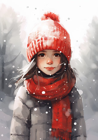 girl wearing red hat scarf cartoon gentle snow frostbite childhood memory turning head smiling graphic novel cover nose avatar portrait young pink little smile, generative aiの素材