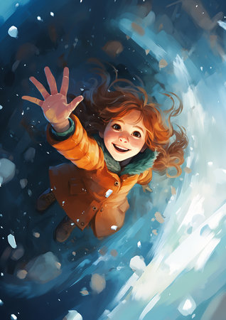 girl coat flying air holding hand cartoon mana flowing gentle snow sea point view reaching out begin again, generative aiの素材