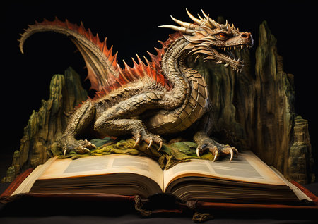 book dragon top sitting table gorgeous profile otherworldly technology replica model princess singularities furry lethal preservation, generative aiの素材